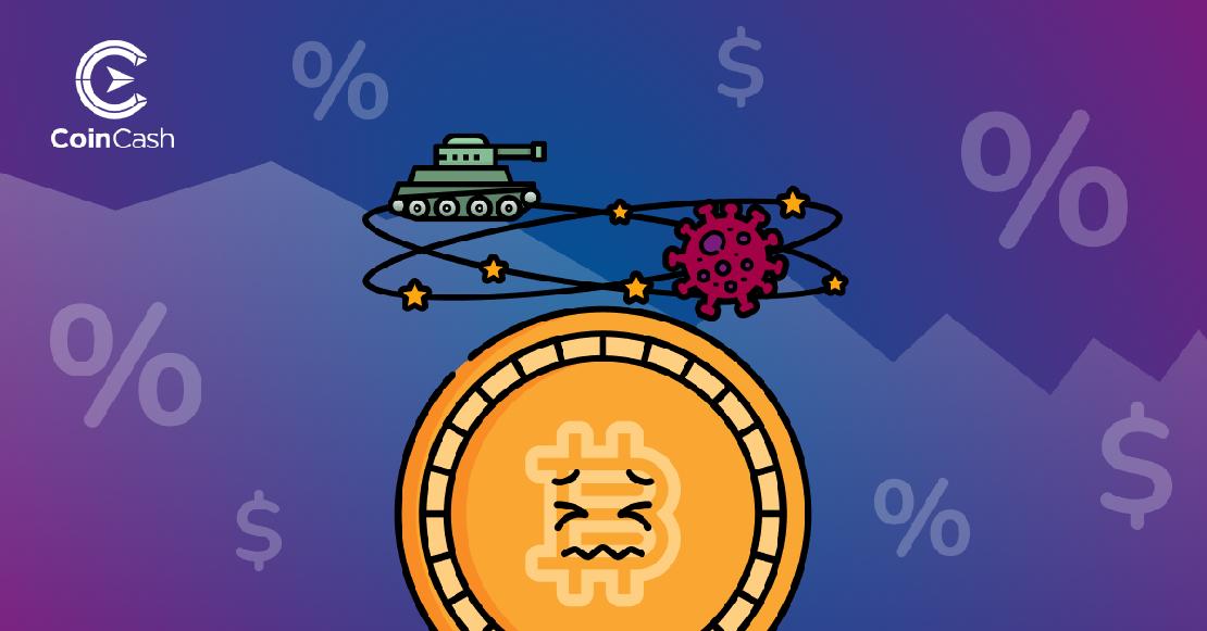 Egy szomorú BTC érme a feje föltött egy tankkal és koronavírussal
